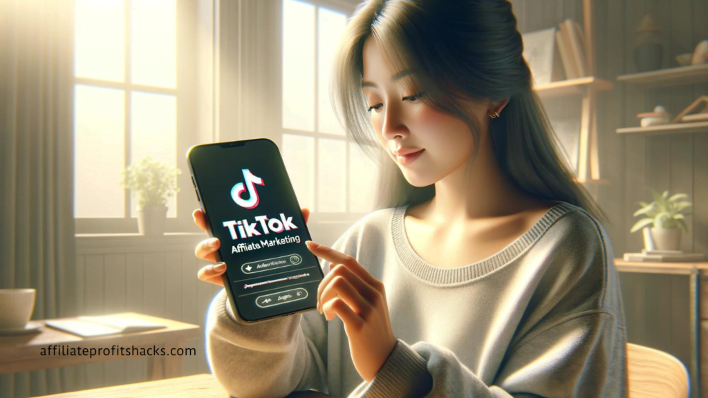 Woman using smartphone with "TikTok Affiliate Marketing" text visible on screen.
