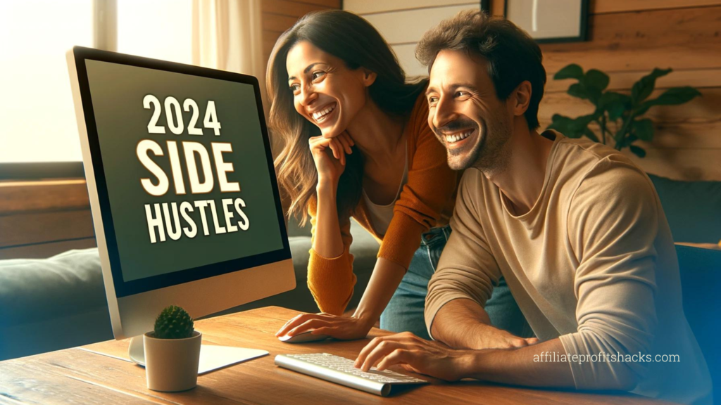 A happy couple looking at a computer screen with "2024 Side Hustles" prominently displayed.
