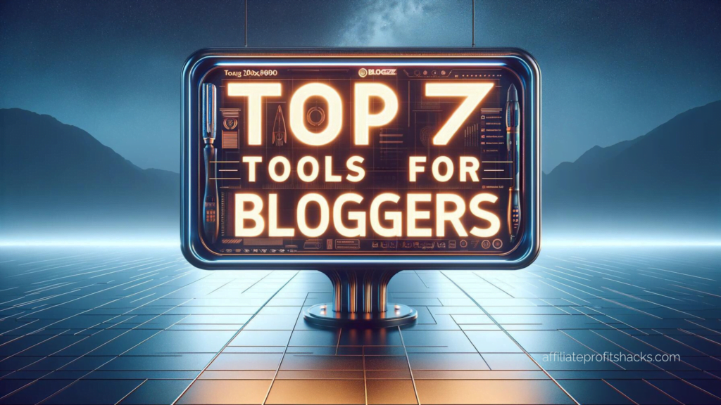 "Image displaying 'Top 7 Tools for Bloggers' text prominently on a 3D billboard, with a modern and professional background."