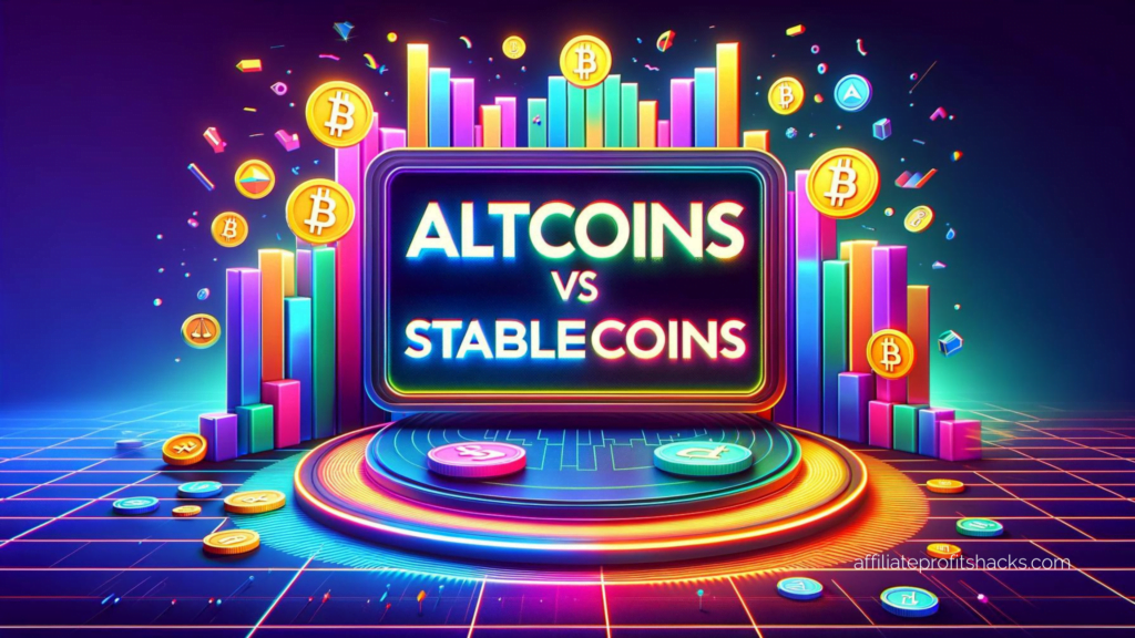 Colorful image showcasing the text "Cryptocurrency: Navigating the Maze of Altcoins vs Stablecoins" on a 3D billboard.