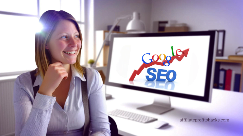 "Woman smiling at computer screen with Google SEO text. 
