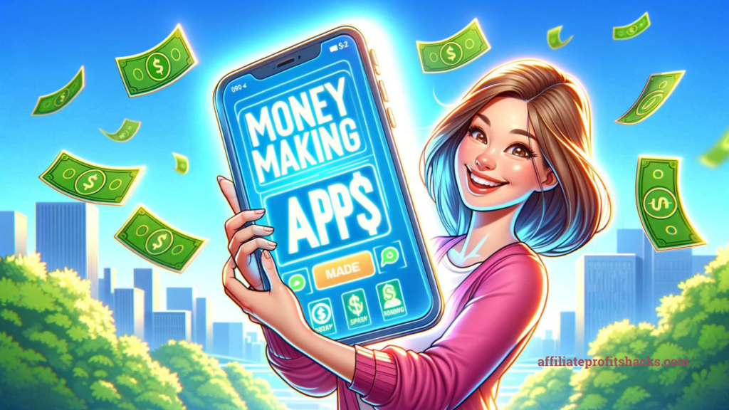 A joyful woman holding a smartphone with the words "money making apps" in large, clear text.