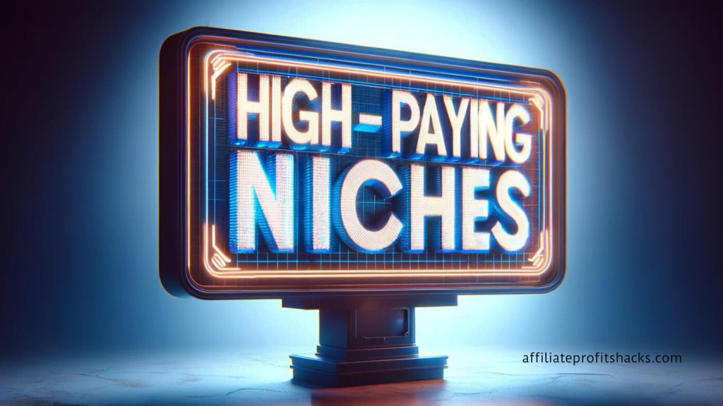 "High-Paying Affiliate Niches" text displayed prominently on a 3D billboard.