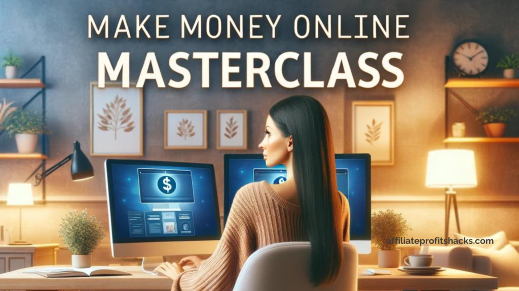 Woman seated at a home office desk with two monitors, text "Make Money Online Masterclass" displayed prominently.