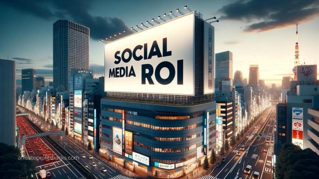"Billboard with 'Social Media ROI' text over a dusk cityscape."