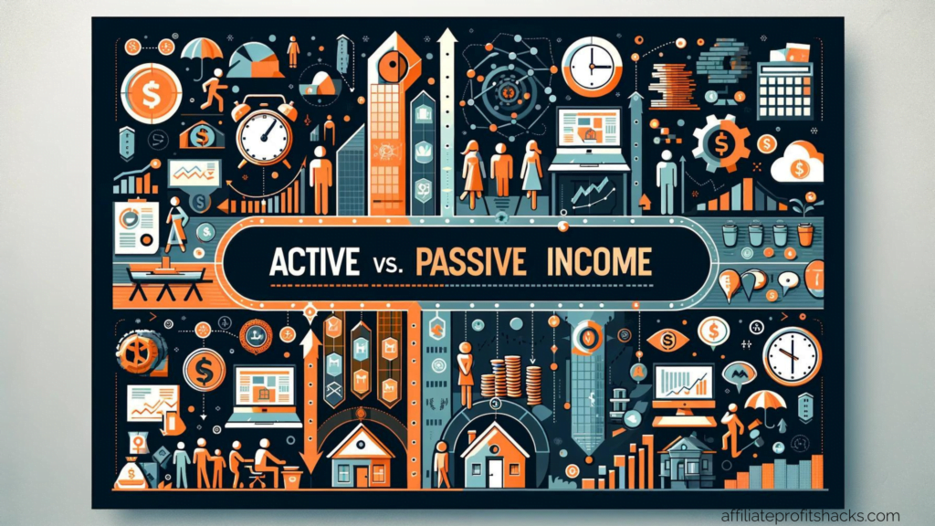 An illustrative comparison between active and passive income, showing symbols of work and leisure divided by the prominent text "Active vs. Passive Income."