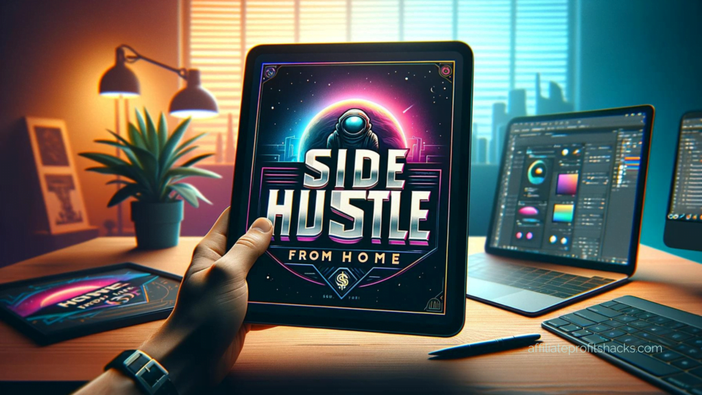 Inspirational image featuring the text "Side Hustle from Home" in a home office setting.