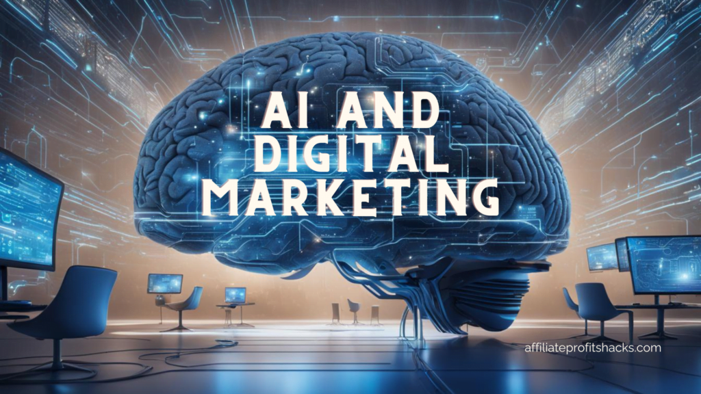 A digital brain with text "AI AND DIGITAL MARKETING" in a futuristic tech office setting with a watermark "affiliateprofitshacks.com".