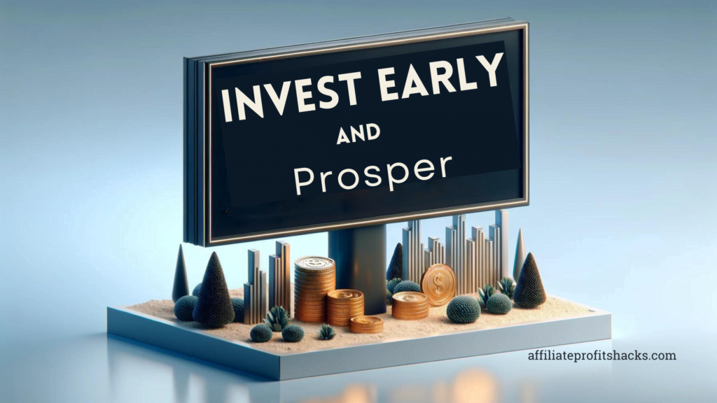 "Invest early and prosper" text on a 3D billboard against a background symbolizing financial growth.