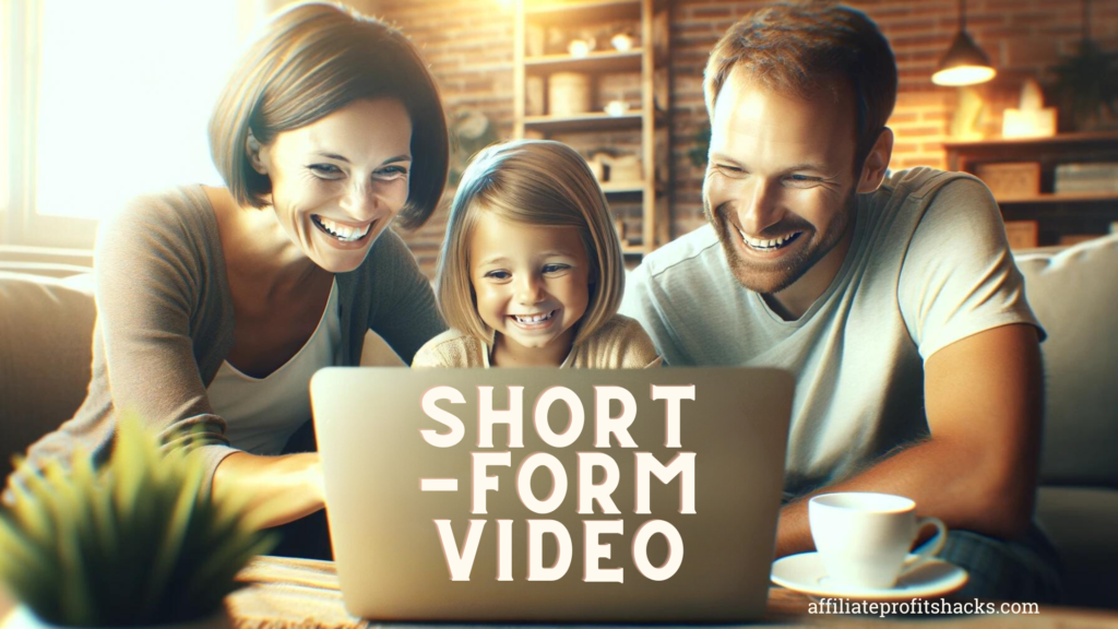 "Happy young family enjoying short-form video content on a laptop in a cozy living room."