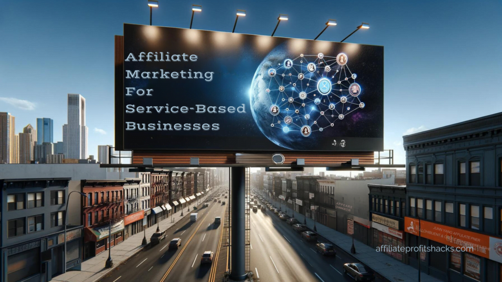 Billboard advertising "Affiliate Marketing For Service-Based Businesses" with a graphical network and cityscape in the background.
