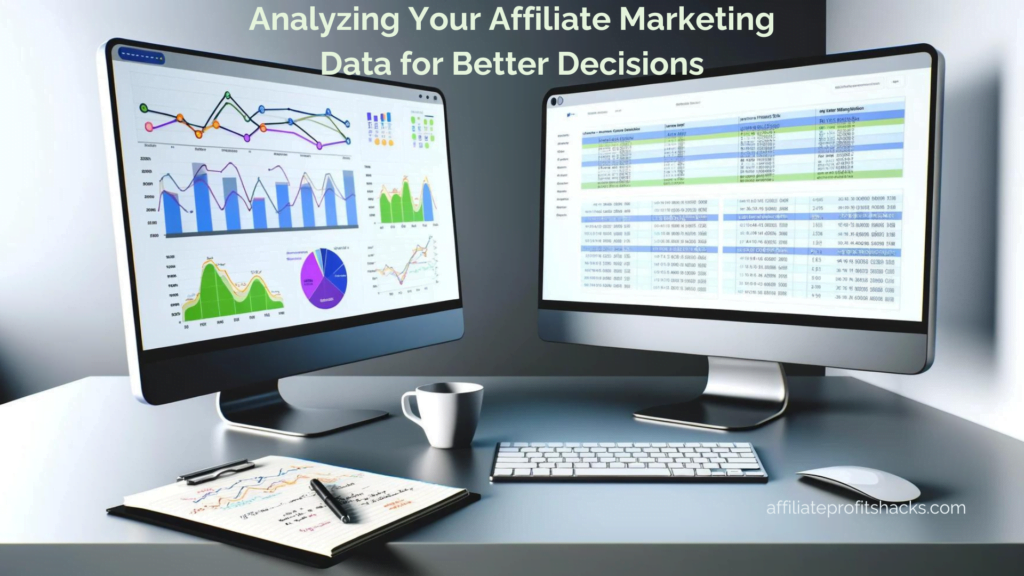 A dual monitor computer setup on a desk showing colorful graphs and data spreadsheets, with text overlay "Analyzing Your Affiliate Marketing Data for Better Decisions" and a website address "affiliateprofitshacks.com" at the bottom.