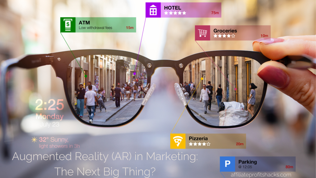 "A pair of smart glasses displaying augmented reality (AR) icons over a busy city street view, showing various services like ATM, hotel, groceries, and a pizzeria with distances and information."