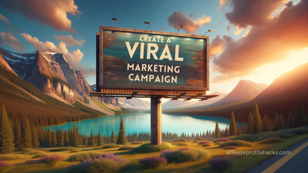 A billboard with the message "Create a Viral Marketing Campaign" set against a stunning mountainous landscape with a clear blue lake during sunset.