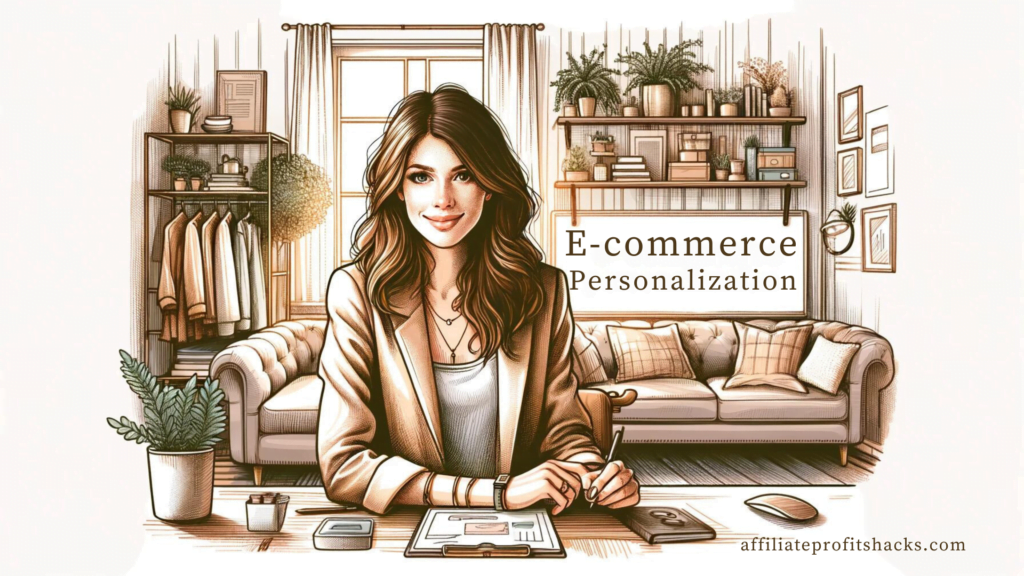 "Illustration of a young woman working on a tablet in a well-decorated home office, with the phrase 'E-commerce Personalization' in elegant script above her and the URL 'affiliateprofitshacks.com' below."