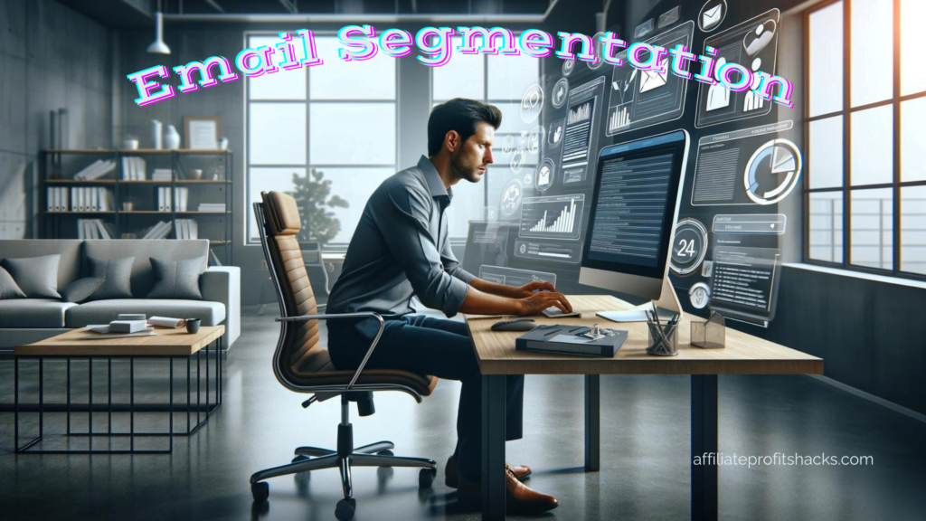 A man in a modern office crafting an email on his computer with the words "Email Segmentation" highlighted above the screen.