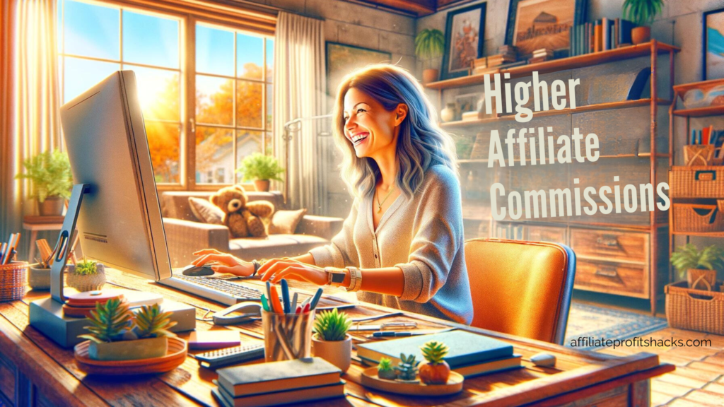 A happy woman at her computer in a bright home office with the text "Higher Affiliate Commissions" prominently displayed and the website "affiliateprofitshacks.com" at the bottom.