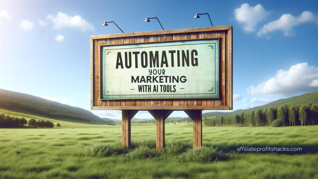 A billboard with the phrase "Automating Your Marketing with AI Tools" in bold letters, placed in a scenic meadow with a forest in the background.