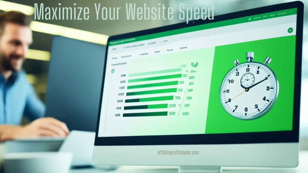 "Computer monitor displaying a webpage about website speed optimization with graphics showing performance metrics and a stopwatch, with the heading 'Maximize Your Website Speed'."