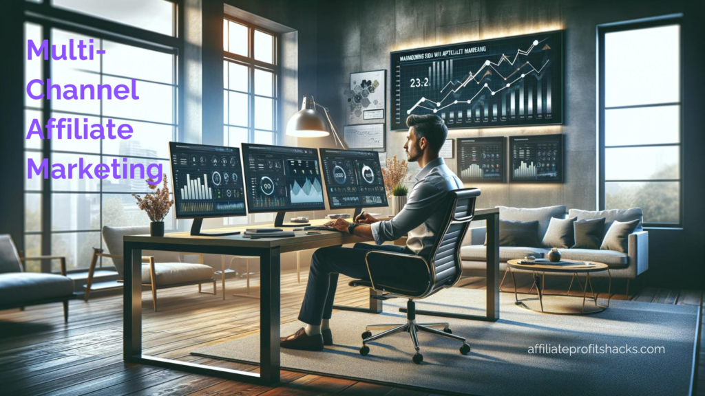 A man in a home office with monitors displaying graphs related to Multi-Channel Affiliate Marketing.