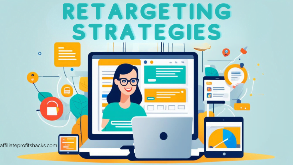 An animated illustration of a woman with glasses using a computer, surrounded by various digital marketing icons, with the large text "RETARGETING STRATEGIES" above and the URL "affiliateprofitshacks.com" below.