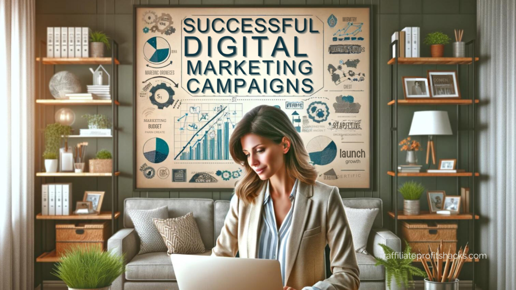"A professional woman in her 30s working on a laptop in a well-decorated home office with the text 'Successful Digital Marketing Campaigns' displayed on the wall."