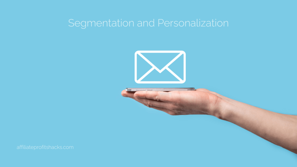 An open hand holding a smartphone from which a holographic email icon is projected against a blue background, with "Segmentation and Personalization" text overhead and a website URL below.
