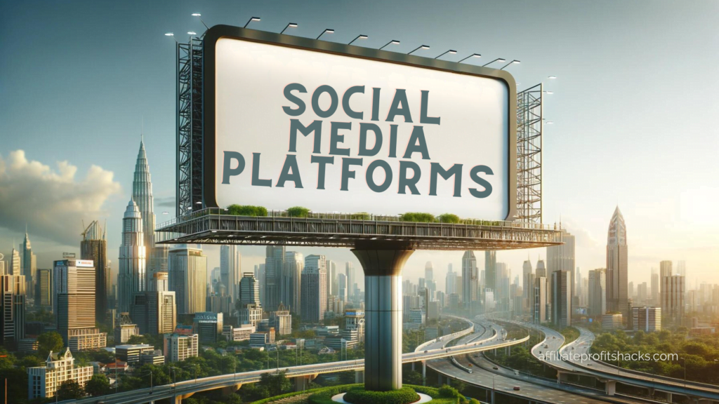 A large billboard displaying the words "SOCIAL MEDIA PLATFORMS" in bold lettering stands in front of a scenic cityscape with skyscrapers, lush greenery, and winding roads.