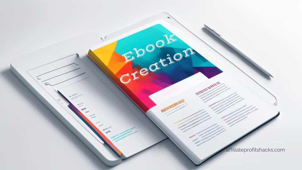 An open digital tablet displaying a colorful cover with the text "Ebook Creation" alongside a physical notebook and pen, with the website "affiliateprofitshacks.com" shown.