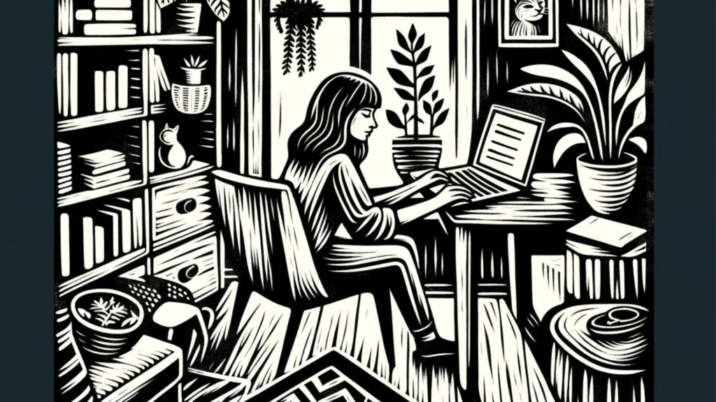A black and white linocut illustration of a woman working on a laptop in a cozy room filled with books and plants.