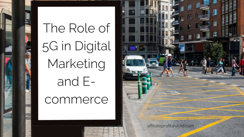 "Digital billboard on a city street displaying a presentation slide titled 'The Role of 5G in Digital Marketing and E-commerce' with a blurred background of pedestrians crossing the street."