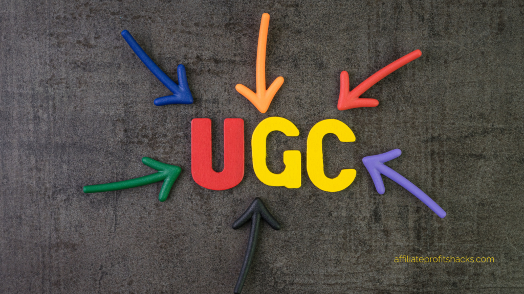 Colorful wooden letters spelling "UGC" are centered on a dark textured background, with multi-colored arrows pointing towards them from all directions.