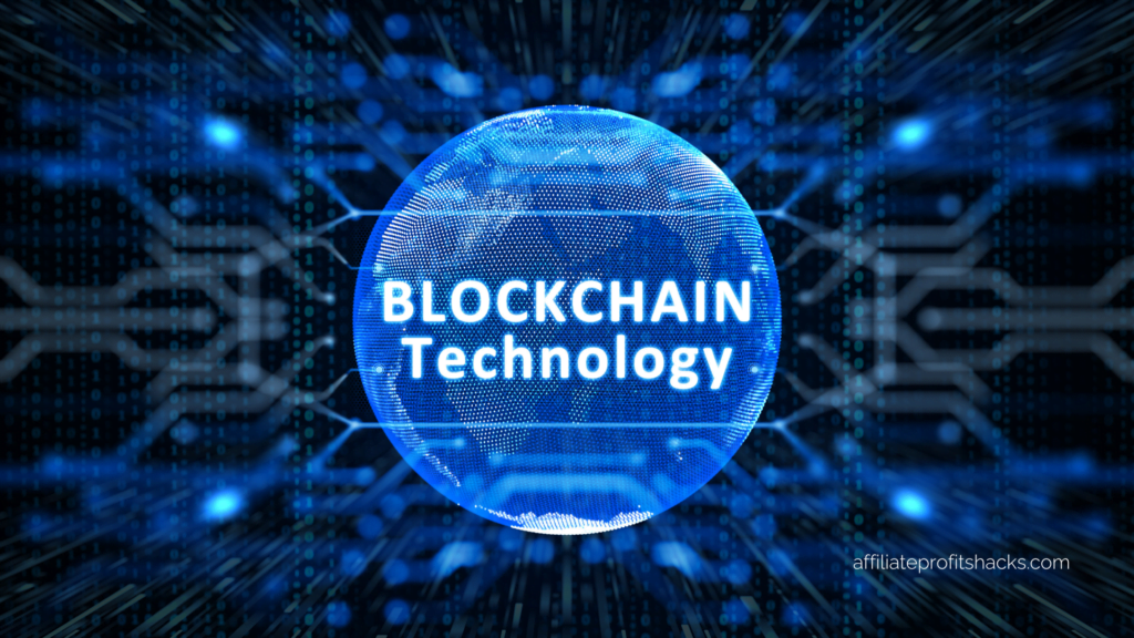 Digital illustration of Blockchain Technology concept with glowing blue orb encapsulating the words "BLOCKCHAIN Technology" against a backdrop of a circuit board and binary code.