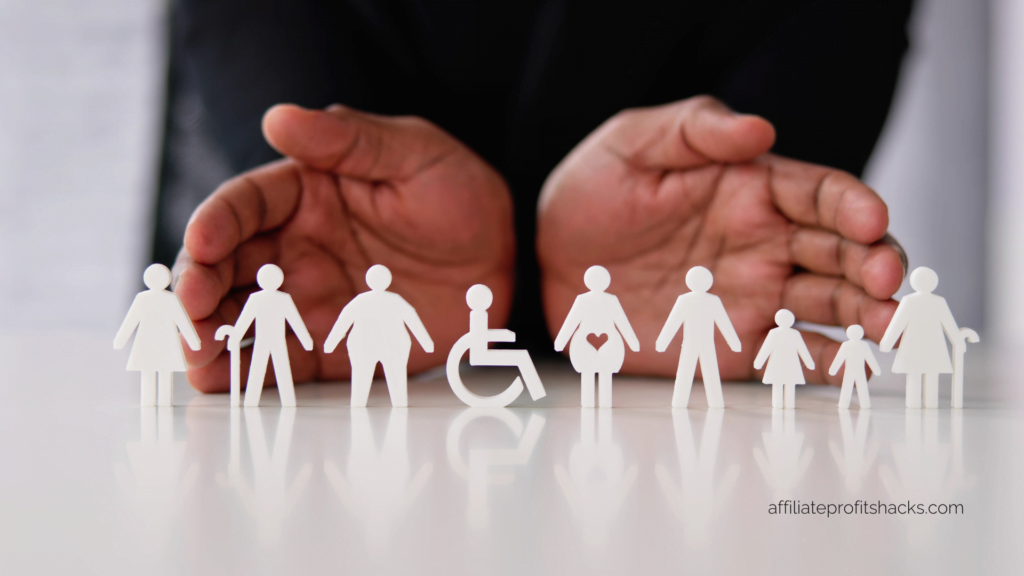 Cut-out paper figures representing a diverse set of people, including different genders, a wheelchair user, and a family, with two adult hands protectively hovering behind them.