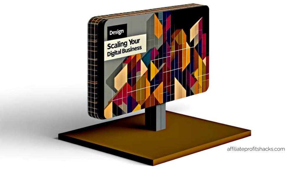A 3D cubist-style billboard displaying the text "Scaling Your Digital Business" in an array of geometric shapes and colors.