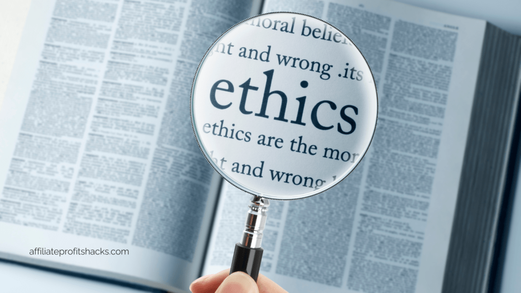"Magnifying glass focusing on the word 'ethics' printed on a newspaper, with blurred text in the background."