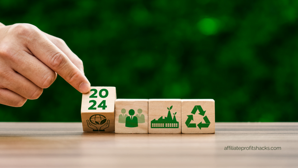 "A hand positioning a wooden block with '2024' next to others depicting sustainable development icons, against a green foliage background."