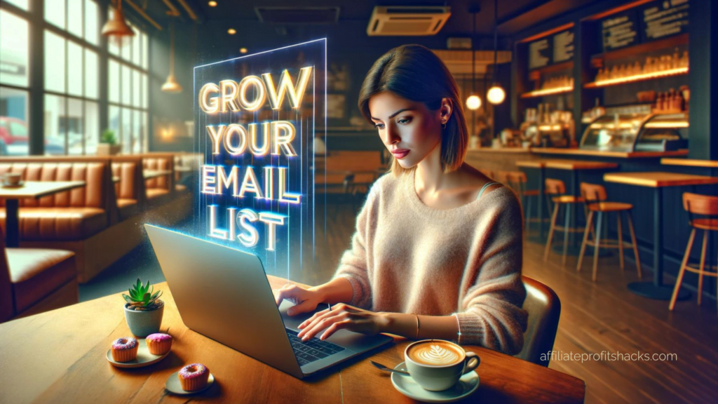 A woman in her 20s is sitting at a cafe table working on her laptop with a neon sign that reads "GROW YOUR EMAIL LIST" in the foreground. There's a cup of coffee and small pastries on the table, and the ambiance of the cafe is warm and inviting.