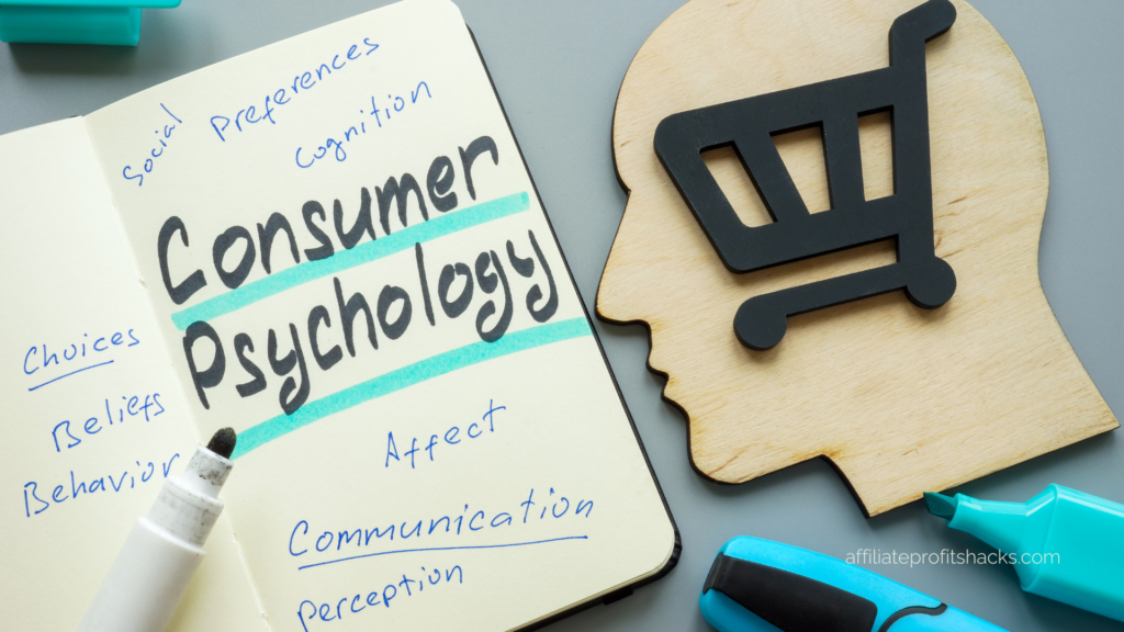 "Notebook with handwritten notes on 'Consumer Psychology' alongside a wooden puzzle piece and a shopping cart icon, highlighting marketing concepts."