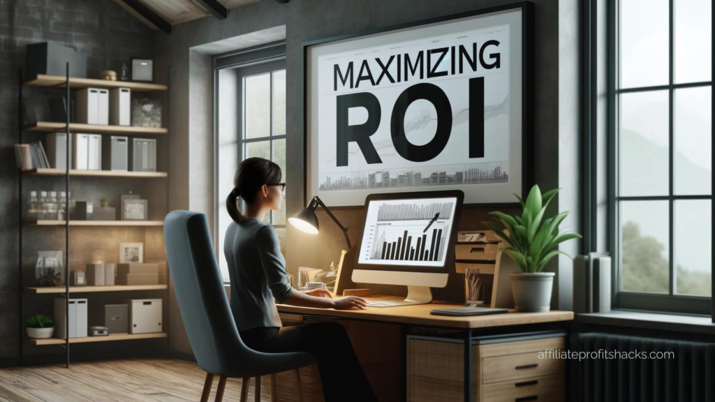 A woman in her 30s sits at her home office desk, gazing at her computer screen with 'MAXIMIZING ROI' displayed on the wall.