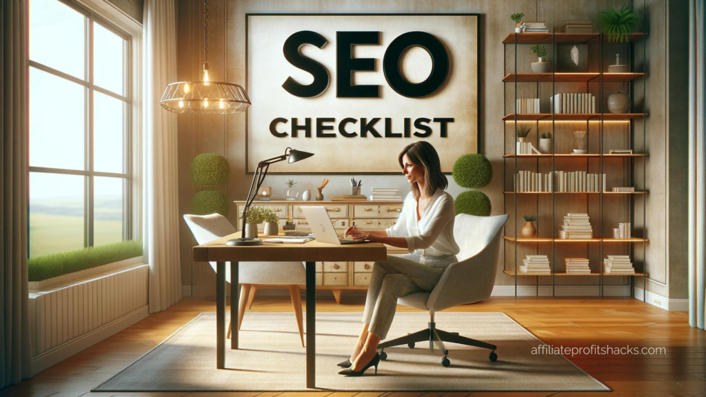 A professional woman in her 30's working on a laptop in a well-organized home office, with "SEO CHECKLIST" in large, bold letters on the wall above her desk.