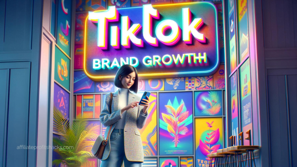 A woman in her 20s is standing in front of a vibrant sign that reads "TikTok Brand Growth". She is focused on her smartphone, with colorful social media-themed graphics in the background.