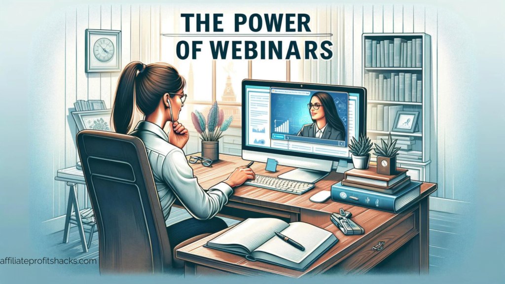 A woman sits in front of her computer, participating in a Zoom call. The computer screen displays a webinar in progress. The desk is organized with books, a notebook, and plants, conveying a professional atmosphere. Above the screen, the phrase "THE POWER OF WEBINARS" is prominently displayed in bold letters.