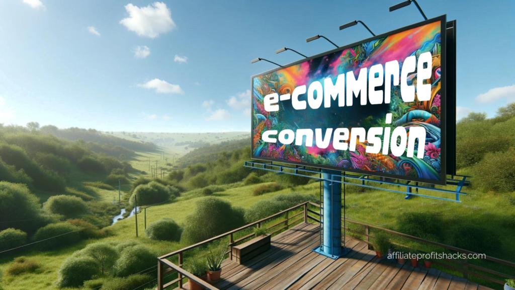 A billboard displaying the text "e-commerce conversion" in graffiti style against a lush green landscape with a clear blue sky.