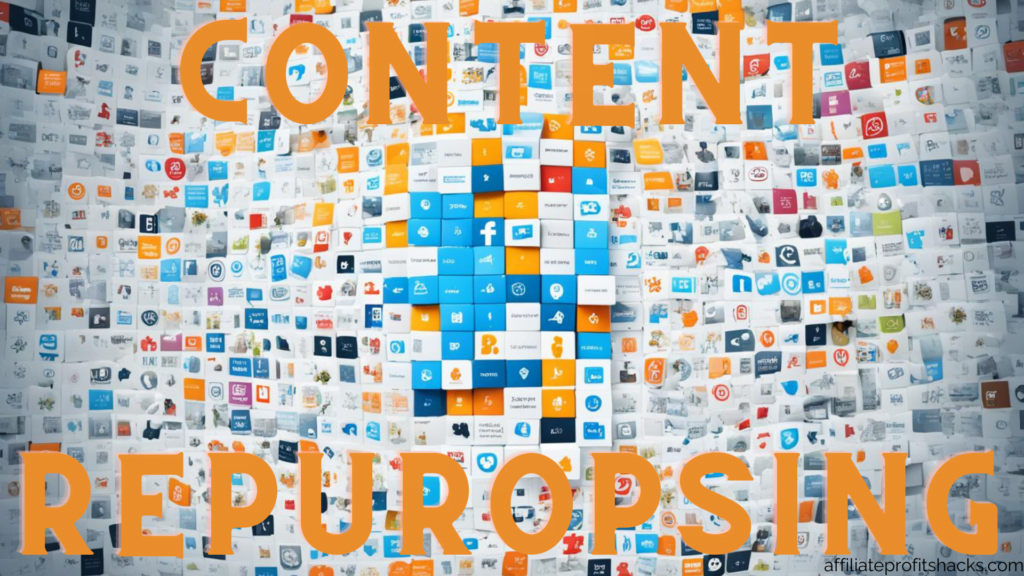 Alt Text: A collage of various social media and technology brand logos with the words "CONTENT REPURPOSING" prominently displayed in the center.