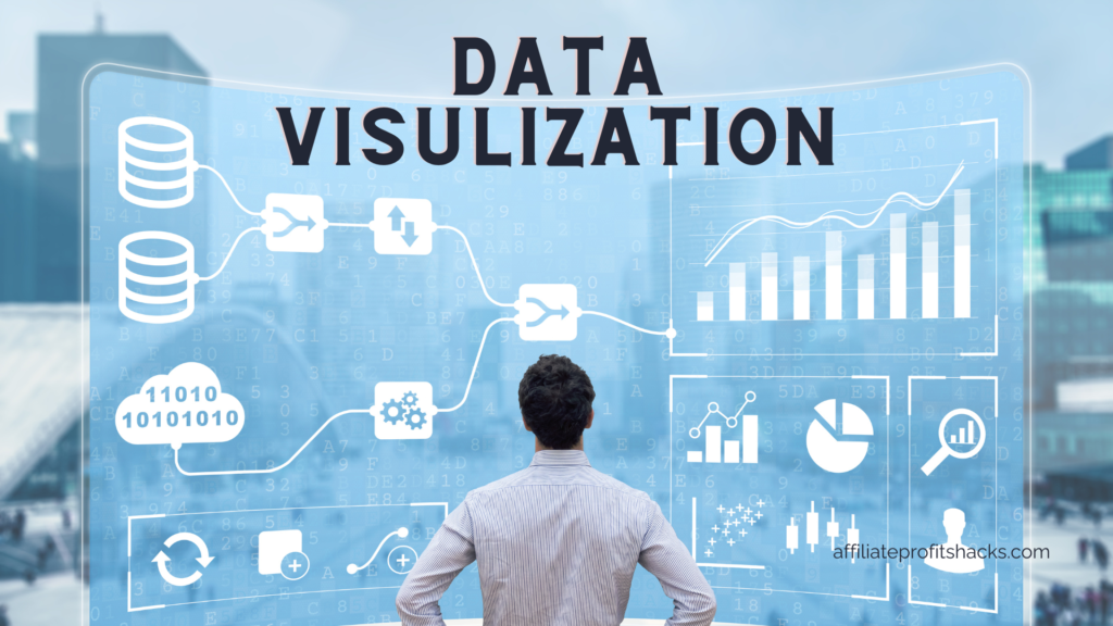 This image features an individual from behind, looking at a high-tech, semi-transparent screen filled with various types of data visualizations. The graphics are in shades of blue and white, suggesting a digital interface. Visual elements include databases linked with arrows, binary conversations within speech bubbles, recycling symbols, and analytical tools. The screen is overlaying an urban backdrop, hinting that this could be a scene within a modern business setting. The website URL "affiliateprofitshacks.com" is visible at the bottom right, likely indicating a source or sponsor of the content displayed.