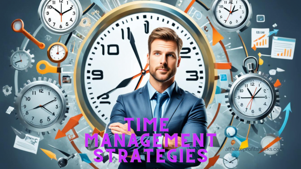 A man in a blue suit with crossed arms standing in front of a surreal background that includes several oversized clocks and gears with arrows and charts, all conveying a theme of time management.