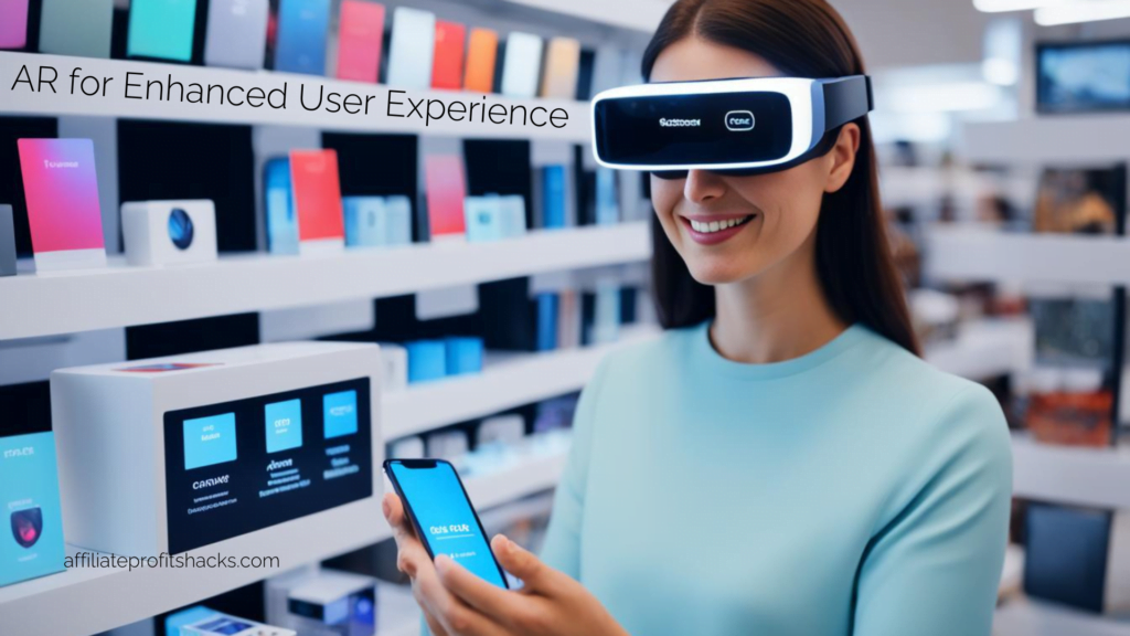 A woman smiles while using an AR headset in a tech store, with shelves displaying various electronic devices and boxes. She is also holding a smartphone with the screen visible.