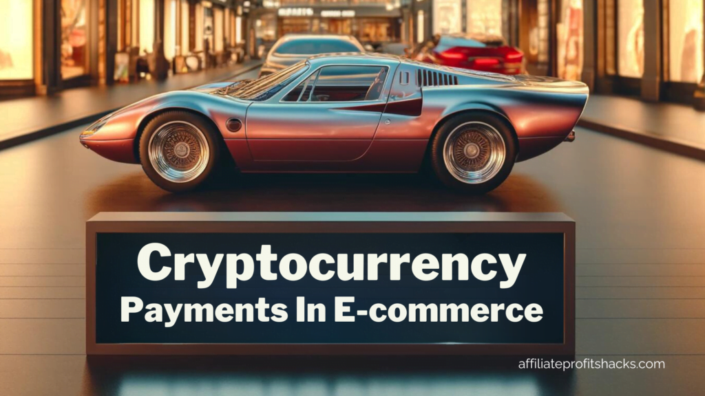 A red and blue sports car with a sign on the side displaying "Cryptocurrency Payments In E-commerce" in bold white letters.