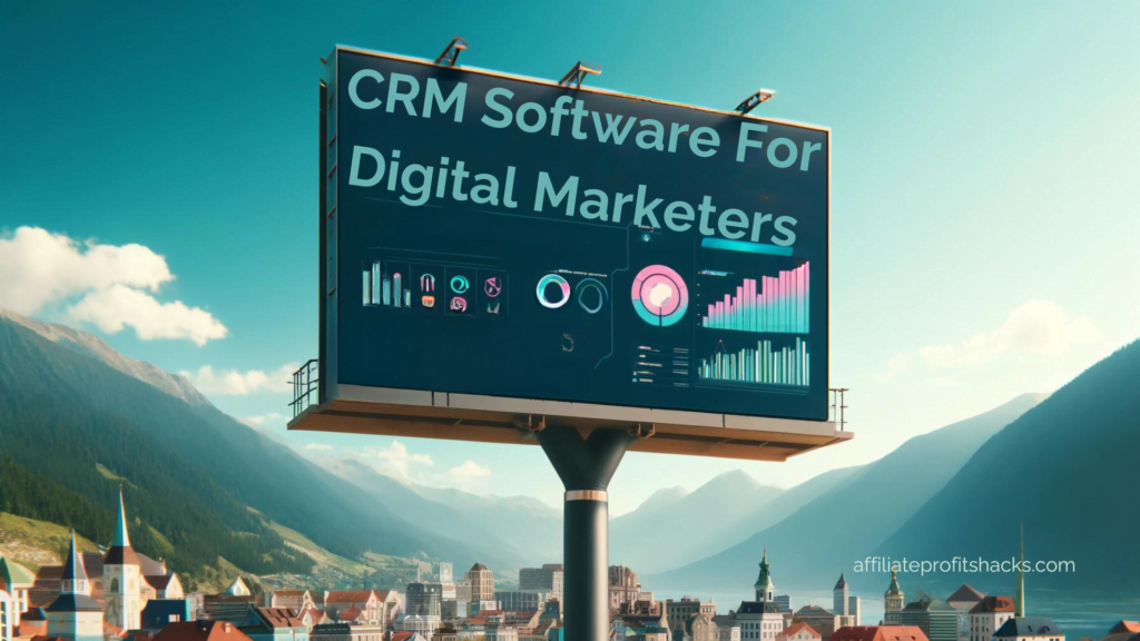 A billboard showcasing "CRM Software For Digital Marketers" with a graphical user interface, overlooking a city with mountainous background.
